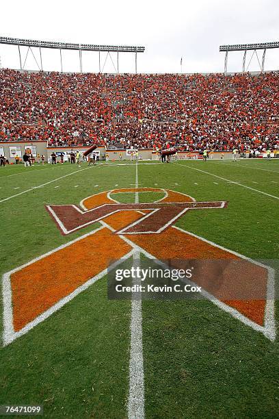 Worsham Field is painted to show support for the Hokies and the 32 victims of April's campus shooting during the matchup against the East Carolina...