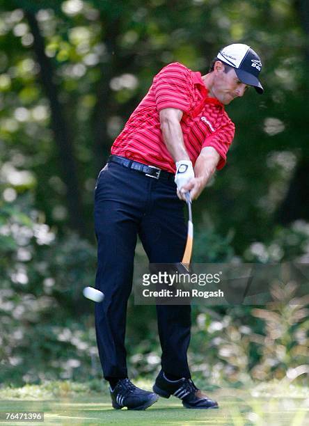 Mike Weir drives from the fourth tee box during the second round of Deutsche Bank Championship, the second event of the new PGA TOUR Playoffs for the...
