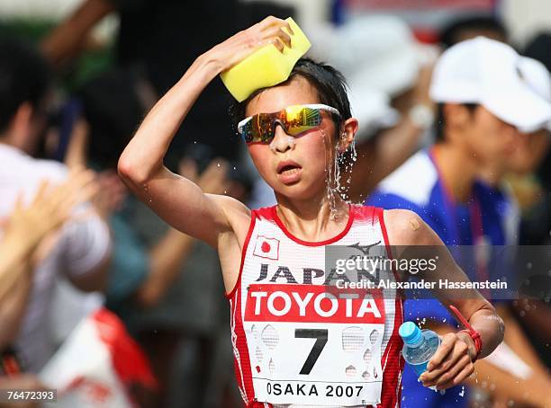 Yumiko Hara of Japan competes during the Women's Marathon on day nine of the 11th IAAF World Athletics Championships on September 2, 2007 at the...