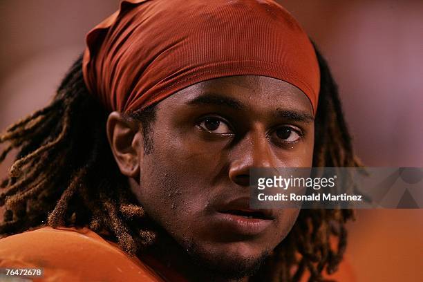 Safety Marcus Griffin of the Texas Longhorns during play against the Arkansas State Indians at Texas Memorial Stadium on September 1, 2007 in Austin,...