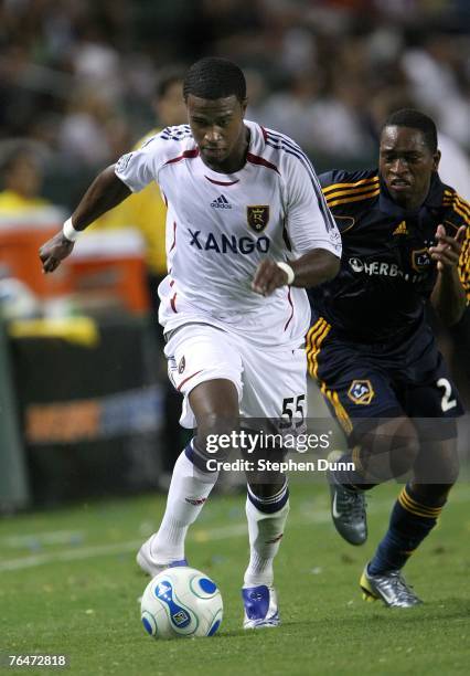 Robbie Findley of Real Salt Lake controls the ball in front of Mike Randolph of the Los Angeles Galaxy on September 1, 2007 at the Home Depot Center...