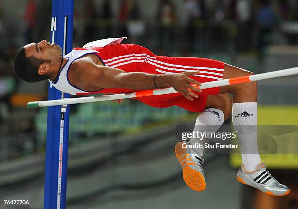Alberto Juantorena of Cuba competes during the High Jump round of the Men's Decathlon on day seven of the 11th IAAF World Athletics Championships on...