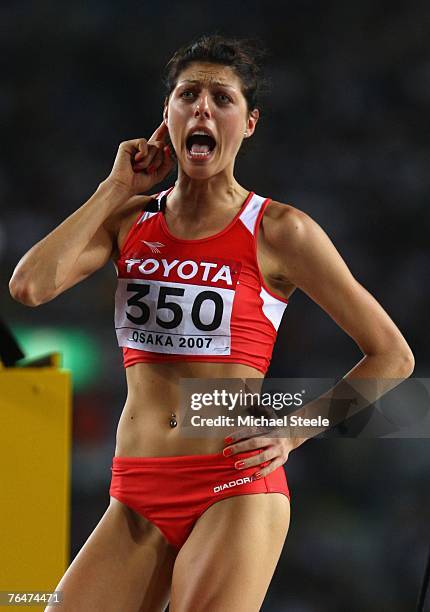 Blanka Vlasic of Croatia celebrates a clean jump on the way to winning the Women's High Jump Final on day nine of the 11th IAAF World Athletics...