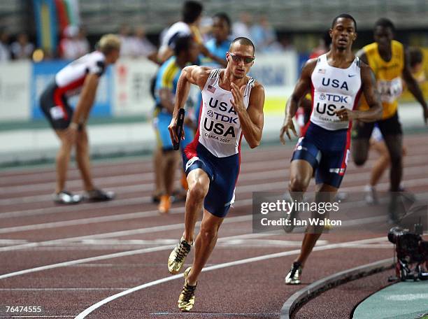 Jeremy Wariner of the United States of America competes during the Men's 4 x 400m Relay Final on day nine of the 11th IAAF World Athletics...