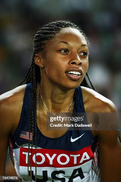 Allyson Felix of the United States of America celebrates winning the Women's 4 x 400m Relay Final on day nine of the 11th IAAF World Athletics...