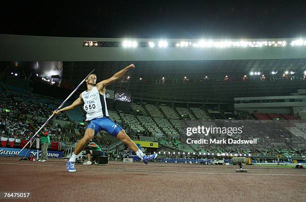 Tero Pitkamaki of Finland competes en route to winning the Men's Javelin Final on day nine of the 11th IAAF World Athletics Championships on...