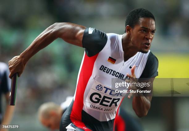 Kamghe Gaba of Germany runs with the baton during the Men's 4 x 400m Relay Final on day nine of the 11th IAAF World Athletics Championships on...