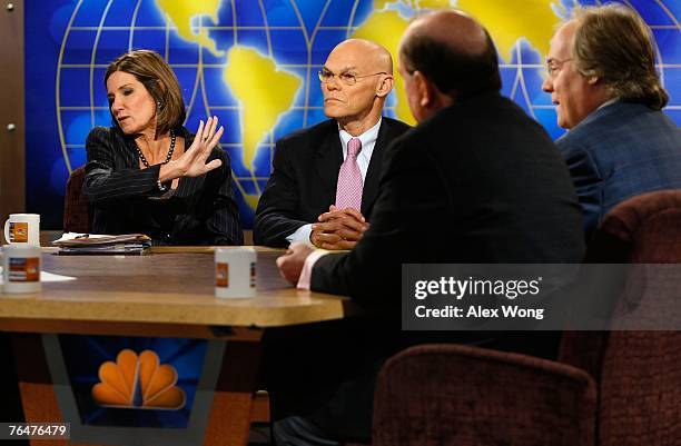 Republican strategist Mary Matalin reacts as she discusses with Democratic strategist and her husband James Carville, Democratic strategist Bob...