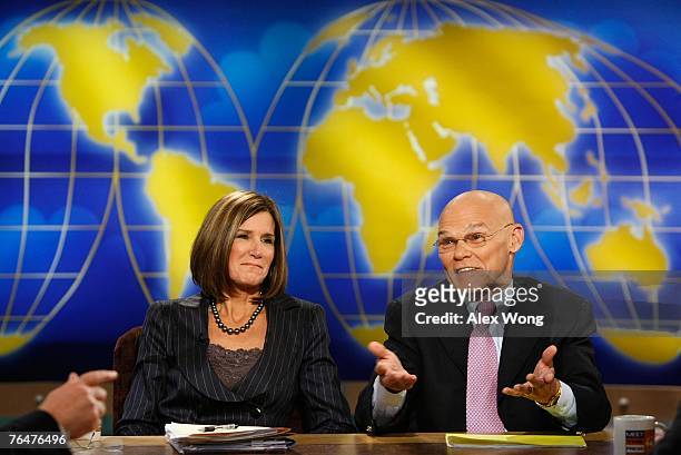 Democratic strategist James Carville speaks as Carville's wife and Republican strategist Mary Matalin listens during a taping of Meet the Press at...