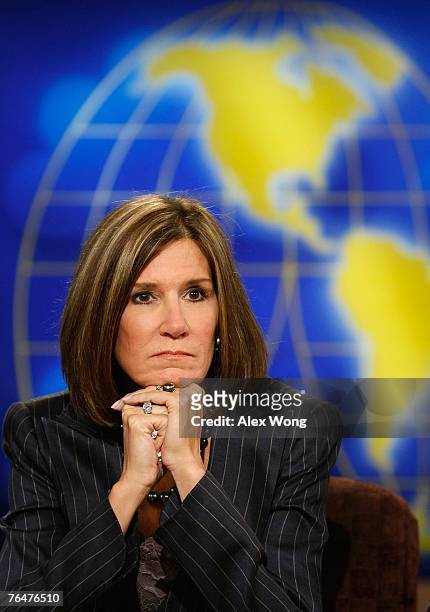 Republican strategist Mary Matalin listens during a taping of Meet the Press at the NBC studios September 2, 2007 in Washington, DC. Matalin...