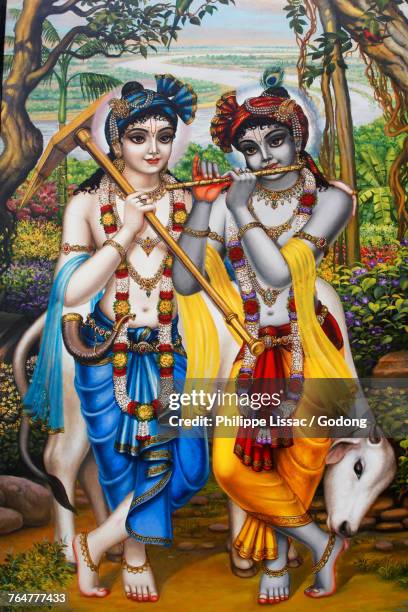 painting depicting hindu god krishna with his brother balaram. india. - krishna bildbanksfoton och bilder