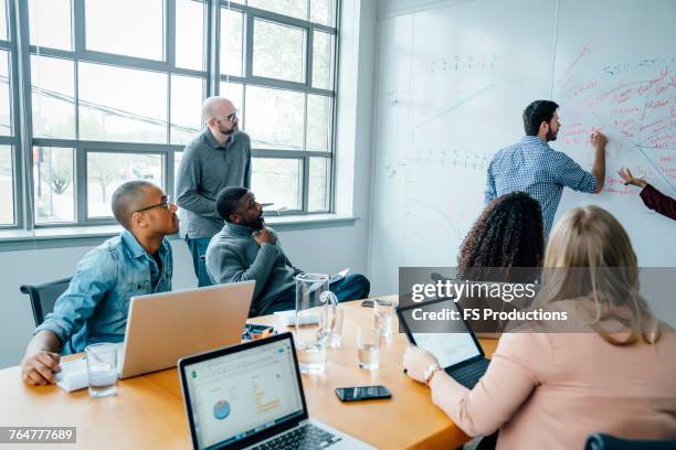 business people using whiteboard in meeting - texas conference for women 2017 stock pictures, royalty-free photos & images