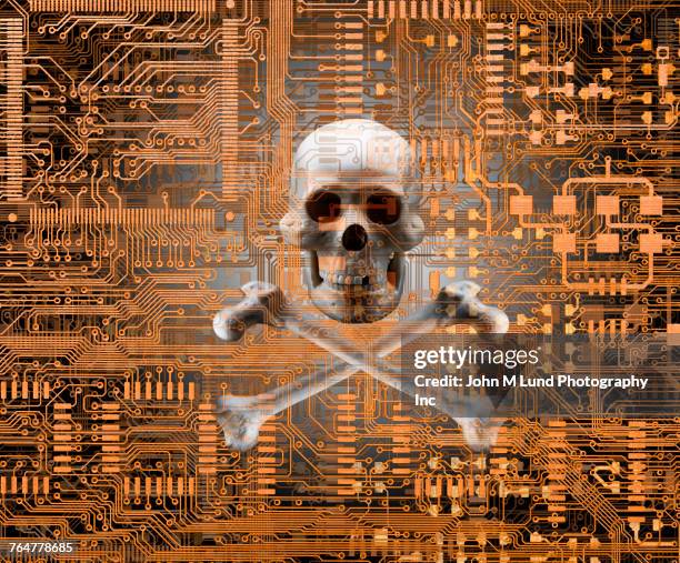 skull and crossbones on circuit board - skull and crossbones stock-fotos und bilder