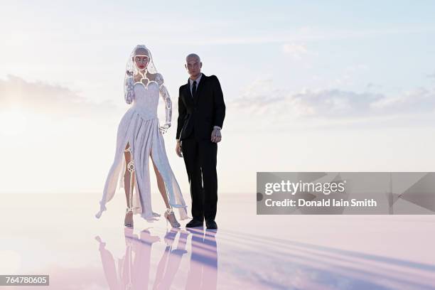 cyborg bride and groom in wedding - groundbreaking ceremony photos et images de collection