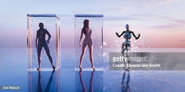 robot breaking free from glass cube near man and woman - espace confiné photos et images de collection