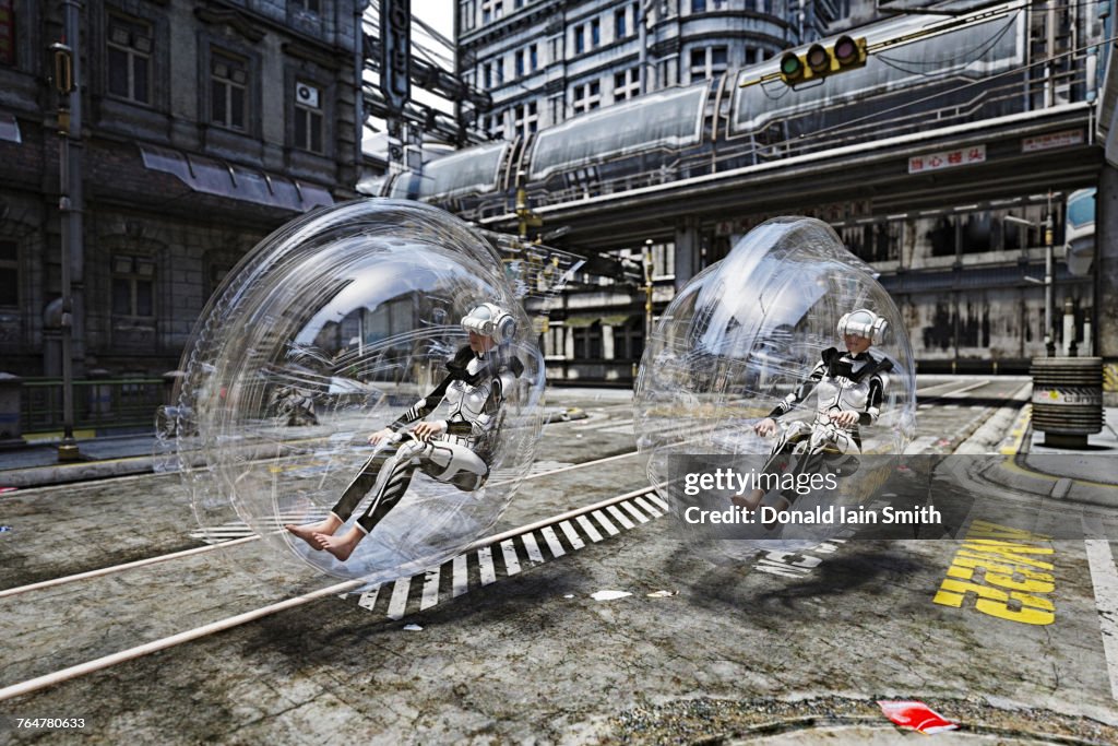 Futuristic women riding in transparent transportation