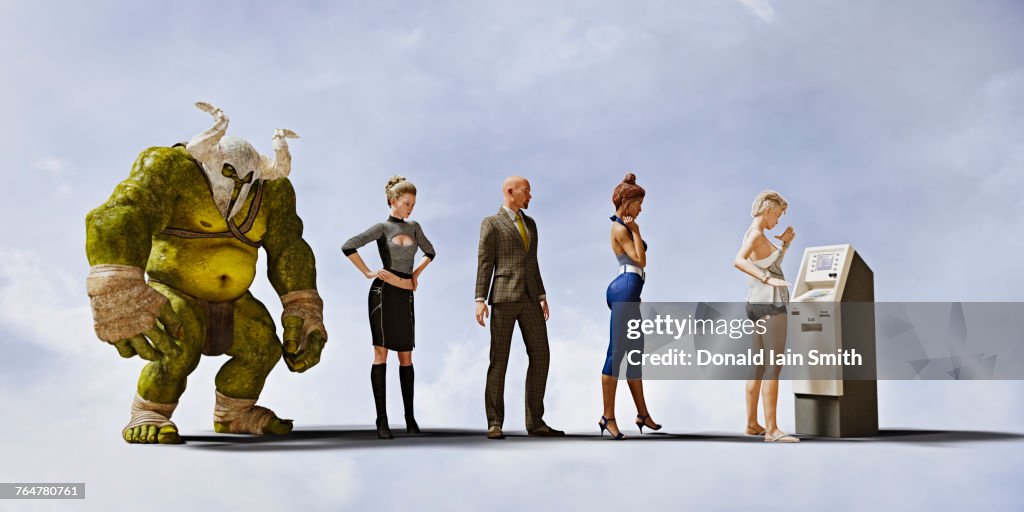 People and ogre waiting to use ATM