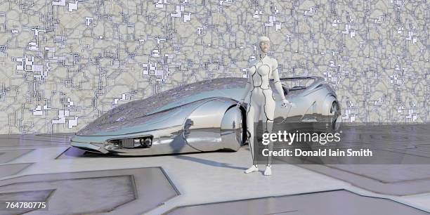robot standing near shiny futuristic car - futuristic car stock-fotos und bilder