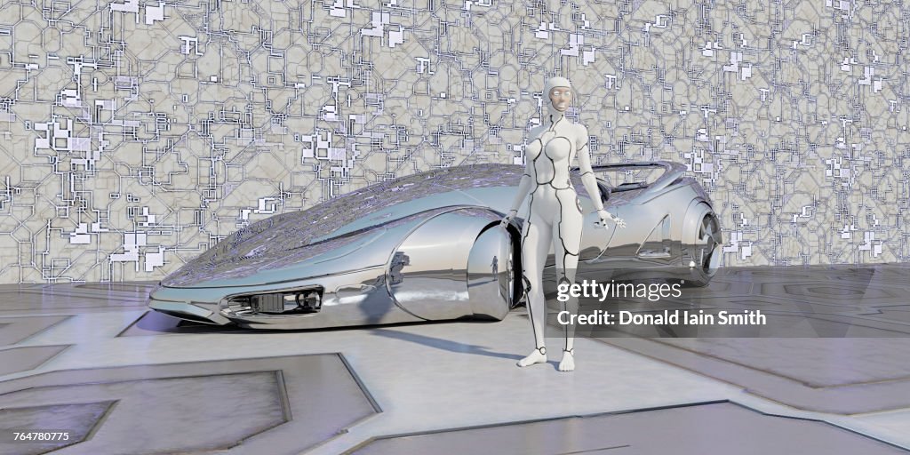 Robot standing near shiny futuristic car