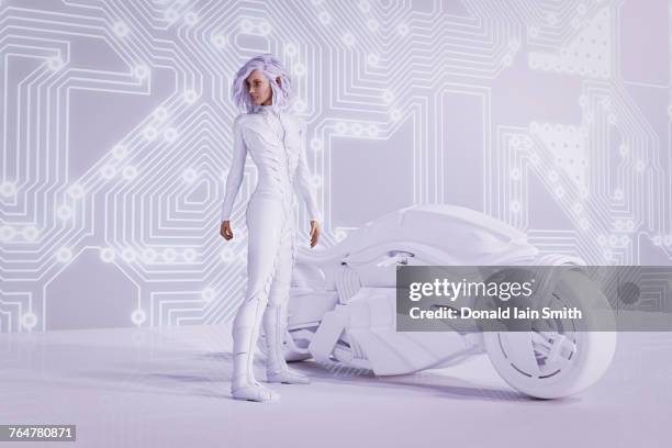 futuristic woman near circuit board wall with white motorcycle - futuristic circuit stock-fotos und bilder