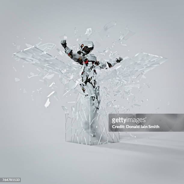 robot shattering glass cube - fuggire foto e immagini stock