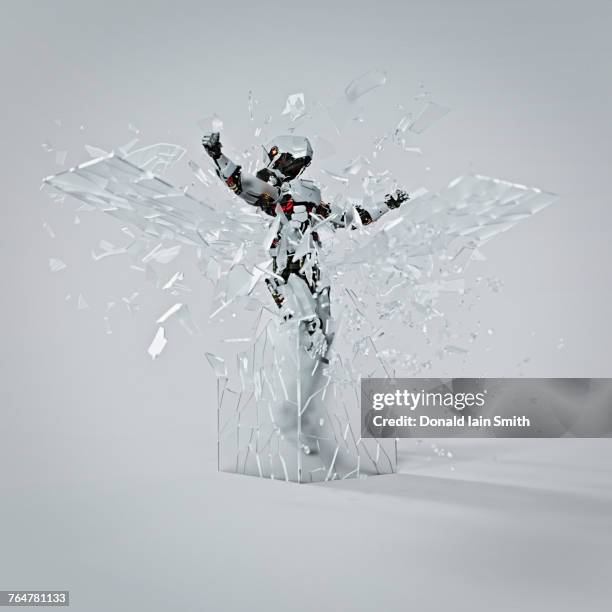 robot shattering glass cube - people escaping stock pictures, royalty-free photos & images