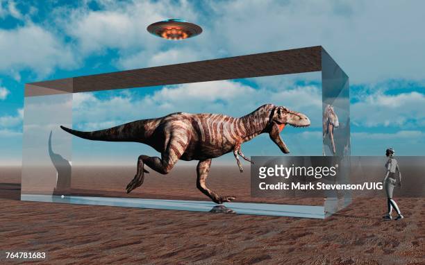 an advanced civilization capturing a dinosaur - tyrannosaurus rex photos et images de collection