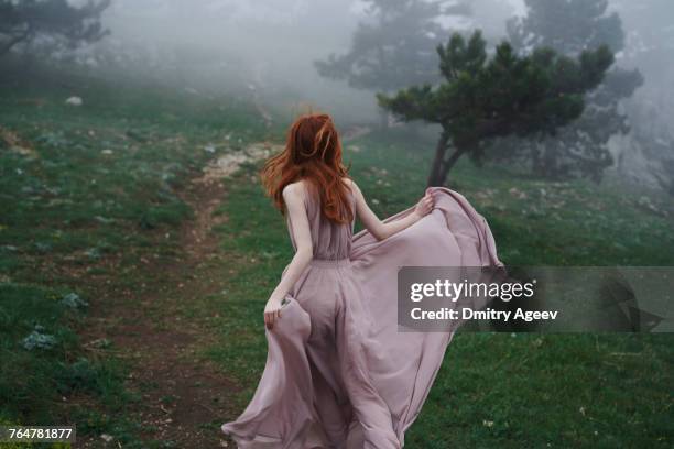 caucasian woman wearing a dress in field - pursuit concept stock pictures, royalty-free photos & images