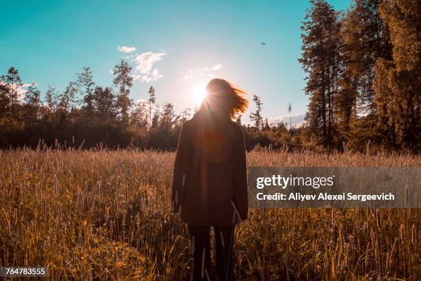 wind blowing hair of woman standing in field - hair fall stock pictures, royalty-free photos & images