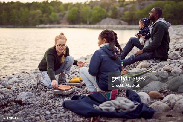 mother preparing food on barbecue grill amidst family sitting on rocks at beach during camping - beach bbq stockfoto's en -beelden