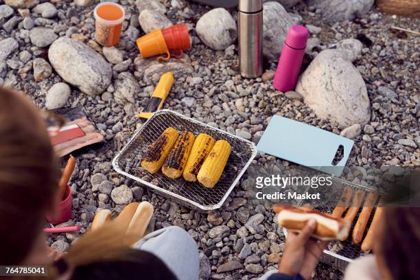 high angle view of woman and daughter preparing food on barbecue grill at beach - family with one child mother bonding family adult daughter focus on background leisure stock-fotos und bilder