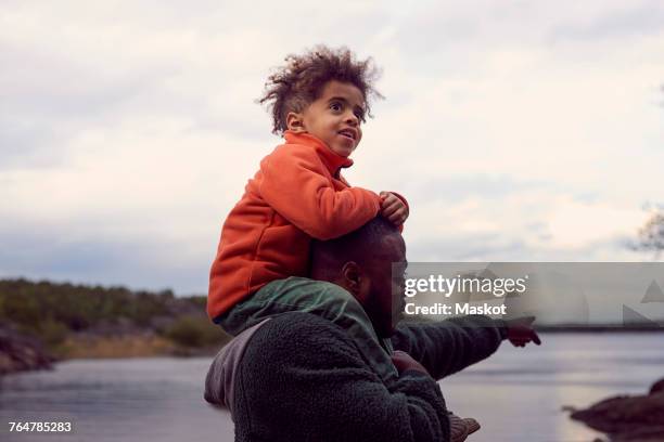 father pointing at sea while carrying son on shoulders against sky - ventil stockfoto's en -beelden