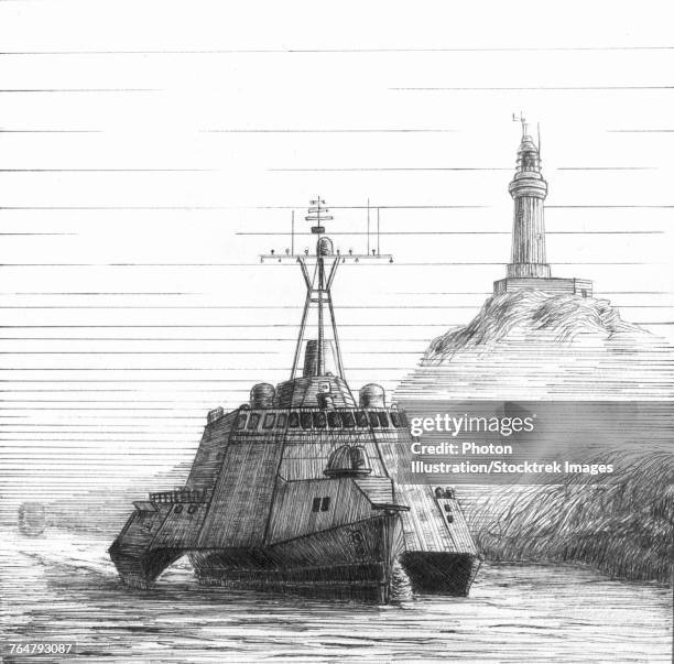 ilustrações, clipart, desenhos animados e ícones de ink drawing of a littoral combat ship. - littoral