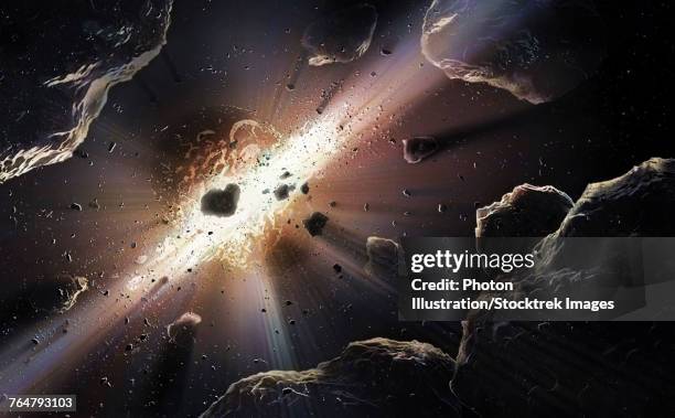 astronomical illustration depicting the collision of rocky bodies in space. - planet collision stock-grafiken, -clipart, -cartoons und -symbole