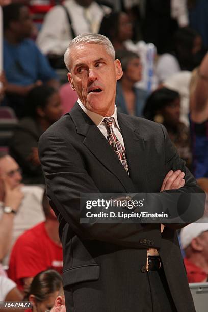 Head Coach Brian Winters of the Indiana Fever reacts during Game Two of the Eastern Conference Finals against the Detroit Shock during the 2007 WNBA...