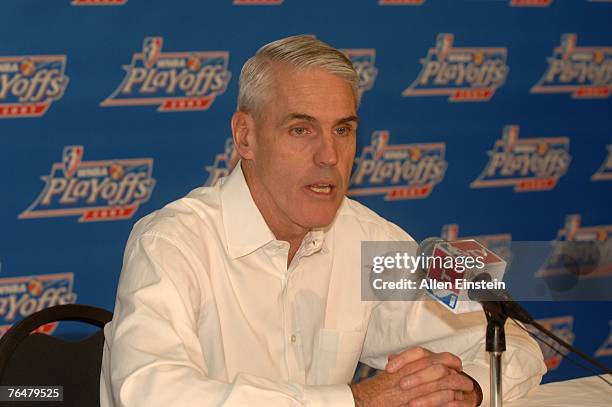 Head Coach Brian Winters of the Indiana Fever talks during an post game press conference after losing Game Two of the Eastern Conference Finals...