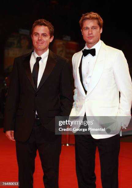 Casey Affleck and Brad Pitt attends the The Assassination of Jesse James by the Coward Robert Ford premiere on the Day 5 of the 64th Annual Venice...