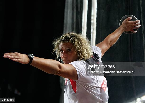 Franka Dietzsch of Germany competes during the Women's Discus Throw Final on day five of the 11th IAAF World Athletics Championships on August 29,...