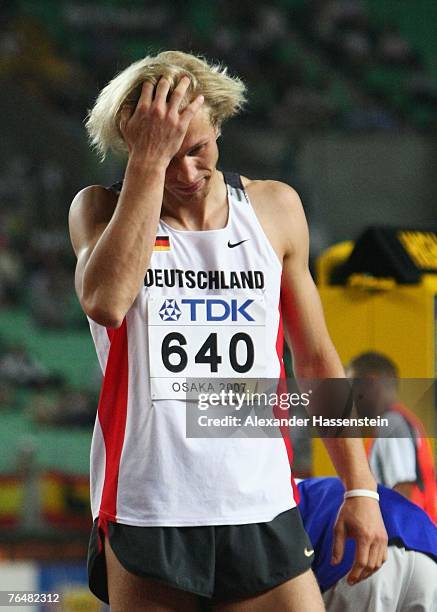 Eike Onnen of Germany shows his disappointment as he competes during the Men's High Jump Fina on day five of the 11th IAAF World Athletics...