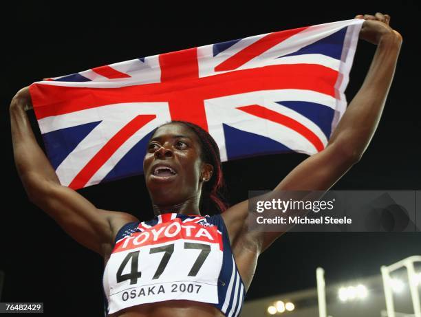 Christine Ohuruogu of Great Britain celebrates winning the Women's 400m Final on day five of the 11th IAAF World Athletics Championships on August...