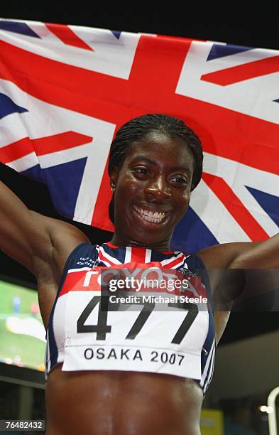 Christine Ohuruogu of Great Britain celebrates winning the Women's 400m Final on day five of the 11th IAAF World Athletics Championships on August...