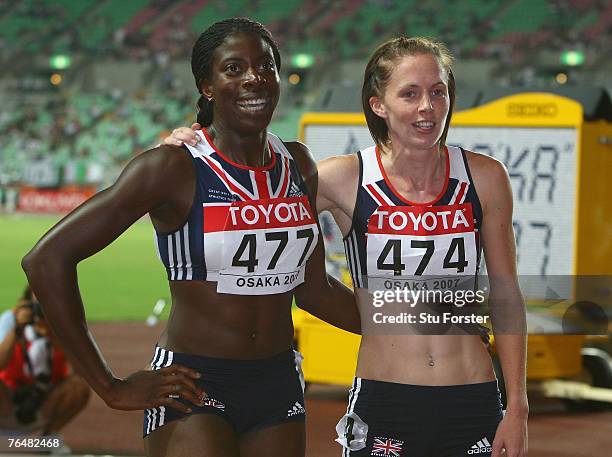 First placed Christine Ohuruogu and second placed Nicola Sanders of Great Britain celebrate following the Women's 400m Final on day five of the 11th...