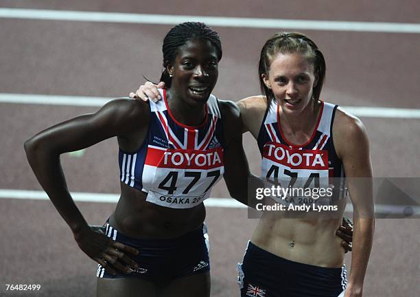 First placed Christine Ohuruogu and second placed Nicola Sanders of Great Britain celebrate following the Women's 400m Final on day five of the 11th...