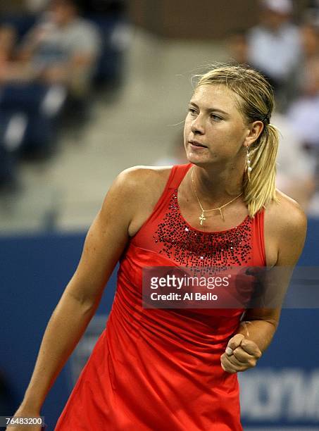 Maria Sharapova of Russia reacts to a point against Roberta Vinci of Italy during day two of the 2007 U.S. Open at the Billie Jean King National...