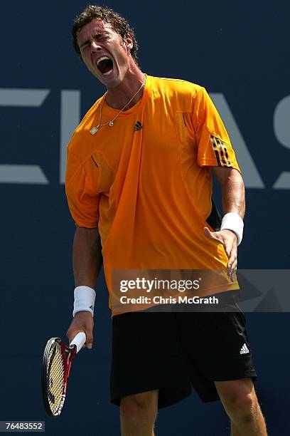 Marat Safin of Russia reacts to a point against Frank Dancevic of Canada during day three of the 2007 U.S. Open at the Billie Jean King National...