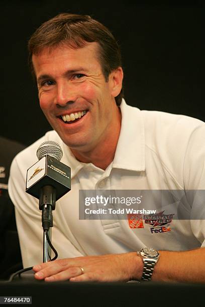 Gibbs, team president of Joe Gibbs Racing, speaks to the media during a press conference prior to the NASCAR Nextel Cup Series Sharp Aquos 500 at...