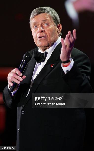 Entertainer Jerry Lewis speaks during the 42nd annual Labor Day Telethon to benefit the Muscular Dystrophy Association at the South Point Hotel &...