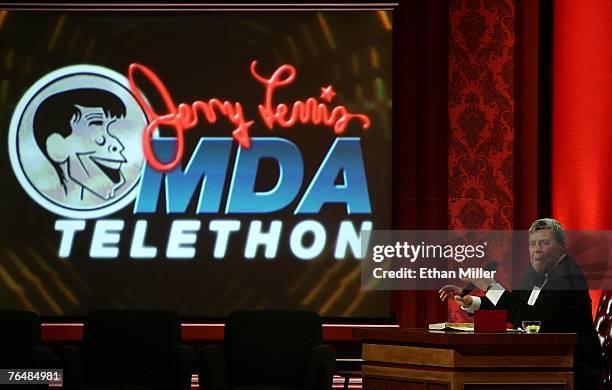 Entertainer Jerry Lewis jokes around during the 42nd annual Labor Day Telethon to benefit the Muscular Dystrophy Association at the South Point Hotel...