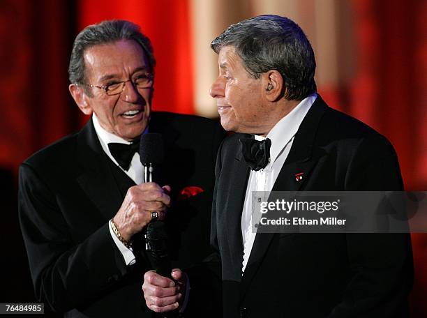 Comedian Norm Crosby and entertainer Jerry Lewis speak during the 42nd annual Labor Day Telethon to benefit the Muscular Dystrophy Association at the...