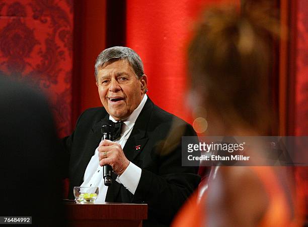 Entertainer Jerry Lewis jokes with guests during the 42nd annual Labor Day Telethon to benefit the Muscular Dystrophy Association at the South Point...